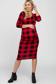 Red Plaid Maternity Fitted Dress