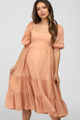 Peach Plaid Square Neck Maternity Midi Dress