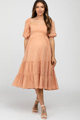 Peach Plaid Square Neck Maternity Midi Dress