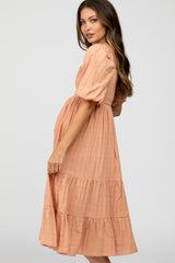 Peach Plaid Square Neck Maternity Midi Dress