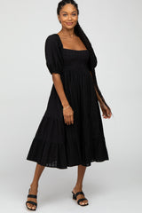 Black Plaid Square Neck Midi Dress