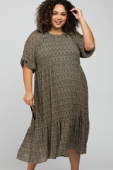 Olive Floral Printed Pleated Puff Sleeve Plus Maternity Dress