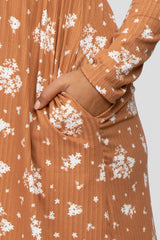 Camel Floral Print Long Sleeve Dress