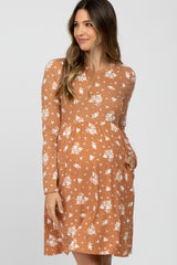 Camel Floral Print Long Sleeve Maternity Dress