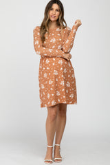 Camel Floral Print Long Sleeve Maternity Dress