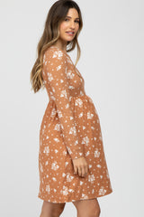 Camel Floral Print Long Sleeve Maternity Dress