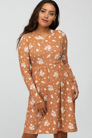 Camel Floral Print Long Sleeve Dress