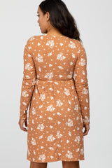 Camel Floral Print Long Sleeve Dress