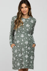 Olive Floral Print Long Sleeve Maternity Dress