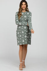 Olive Floral Print Long Sleeve Maternity Dress