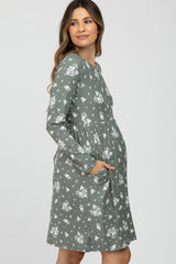 Olive Floral Print Long Sleeve Maternity Dress