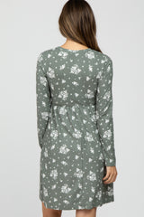 Olive Floral Print Long Sleeve Maternity Dress