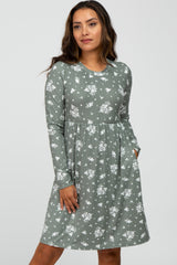 Olive Floral Print Long Sleeve Maternity Dress