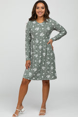 Olive Floral Print Long Sleeve Dress