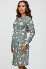 Olive Floral Print Long Sleeve Dress