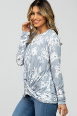 Grey Floral Knot Front Hem Top