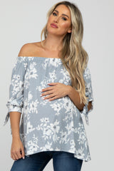 Grey Floral Off Shoulder 3/4 Tie Sleeve Maternity Top