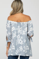 Grey Floral Off Shoulder 3/4 Tie Sleeve Maternity Top