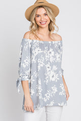 Grey Floral Off Shoulder 3/4 Tie Sleeve Maternity Top