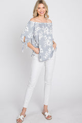 Grey Floral Off Shoulder 3/4 Tie Sleeve Top