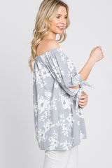 Grey Floral Off Shoulder 3/4 Tie Sleeve Top