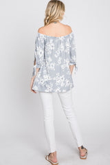 Grey Floral Off Shoulder 3/4 Tie Sleeve Top