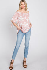 Pink Floral Off Shoulder 3/4 Tie Sleeve Top