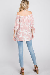 Pink Floral Off Shoulder 3/4 Tie Sleeve Top