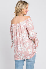 Pink Floral Off Shoulder 3/4 Tie Sleeve Top