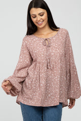 Mauve Floral Print Babydoll Long Sleeve Top