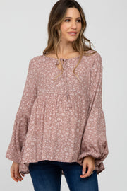 Mauve Floral Print Babydoll Long Sleeve Maternity Top