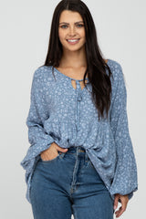 Blue Floral Print Babydoll Long Sleeve Top