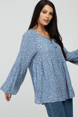 Blue Floral Print Babydoll Long Sleeve Top