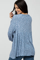 Blue Floral Print Babydoll Long Sleeve Top