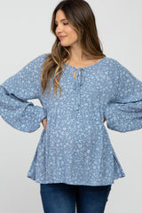 Blue Floral Print Babydoll Long Sleeve Maternity Top