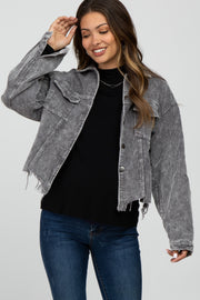 Charcoal Corduroy Distressed Hem Cropped Maternity Jacket