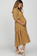 Yellow Floral Chiffon Square Neck Maternity Midi Dress