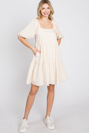 Cream Striped Square Neck Puff Sleeve Dress