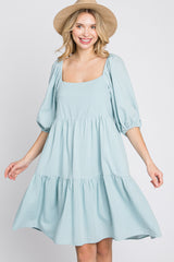 Light Blue Striped Square Neck Puff Sleeve Dress