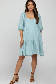 Light Blue Striped Square Neck Puff Sleeve Maternity Dress