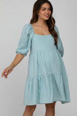 Light Blue Striped Square Neck Puff Sleeve Maternity Dress