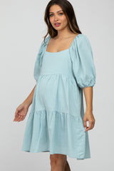 Light Blue Striped Square Neck Puff Sleeve Maternity Dress