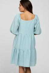 Light Blue Striped Square Neck Puff Sleeve Maternity Dress