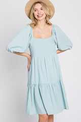 Light Blue Striped Square Neck Puff Sleeve Maternity Dress