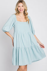 Light Blue Striped Square Neck Puff Sleeve Dress