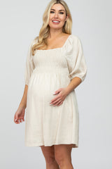 Cream Linen Square Neck Smocked Top Maternity Dress