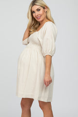 Cream Linen Square Neck Smocked Top Maternity Dress