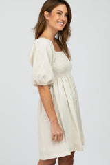 Cream Linen Square Neck Smocked Top Dress