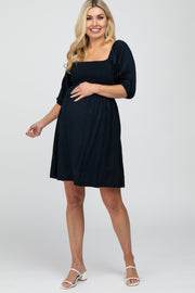 Navy Blue Linen Square Neck Smocked Top Maternity Dress