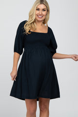 Navy Blue Linen Square Neck Smocked Top Maternity Dress